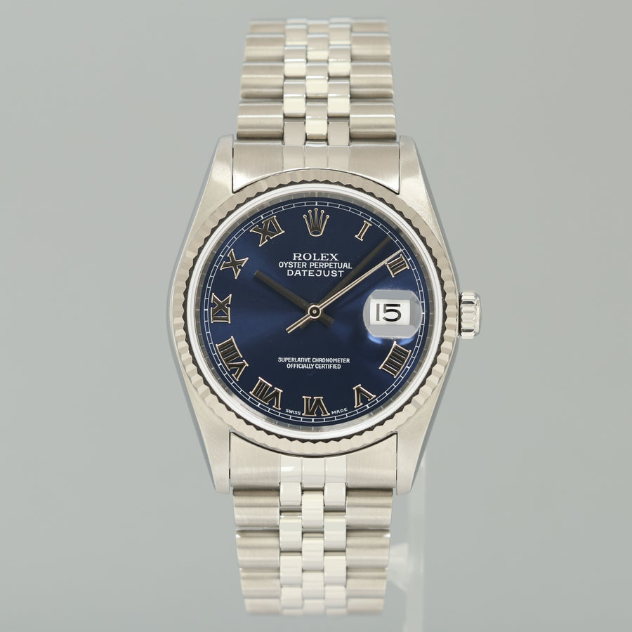 MINT Rolex DateJust 16234 Blue Roman Jubilee White Gold Fluted Watch Box
