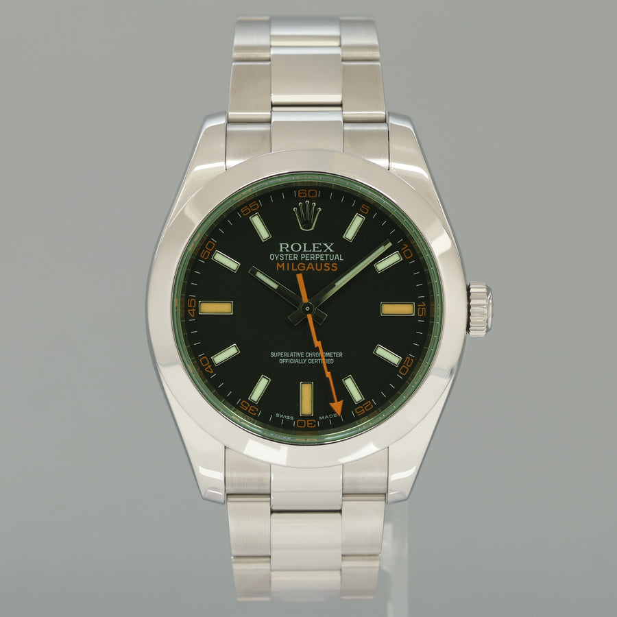 MINT Rolex Milgauss Green Anniversary Orange Black 116400GV Steel Watch Box