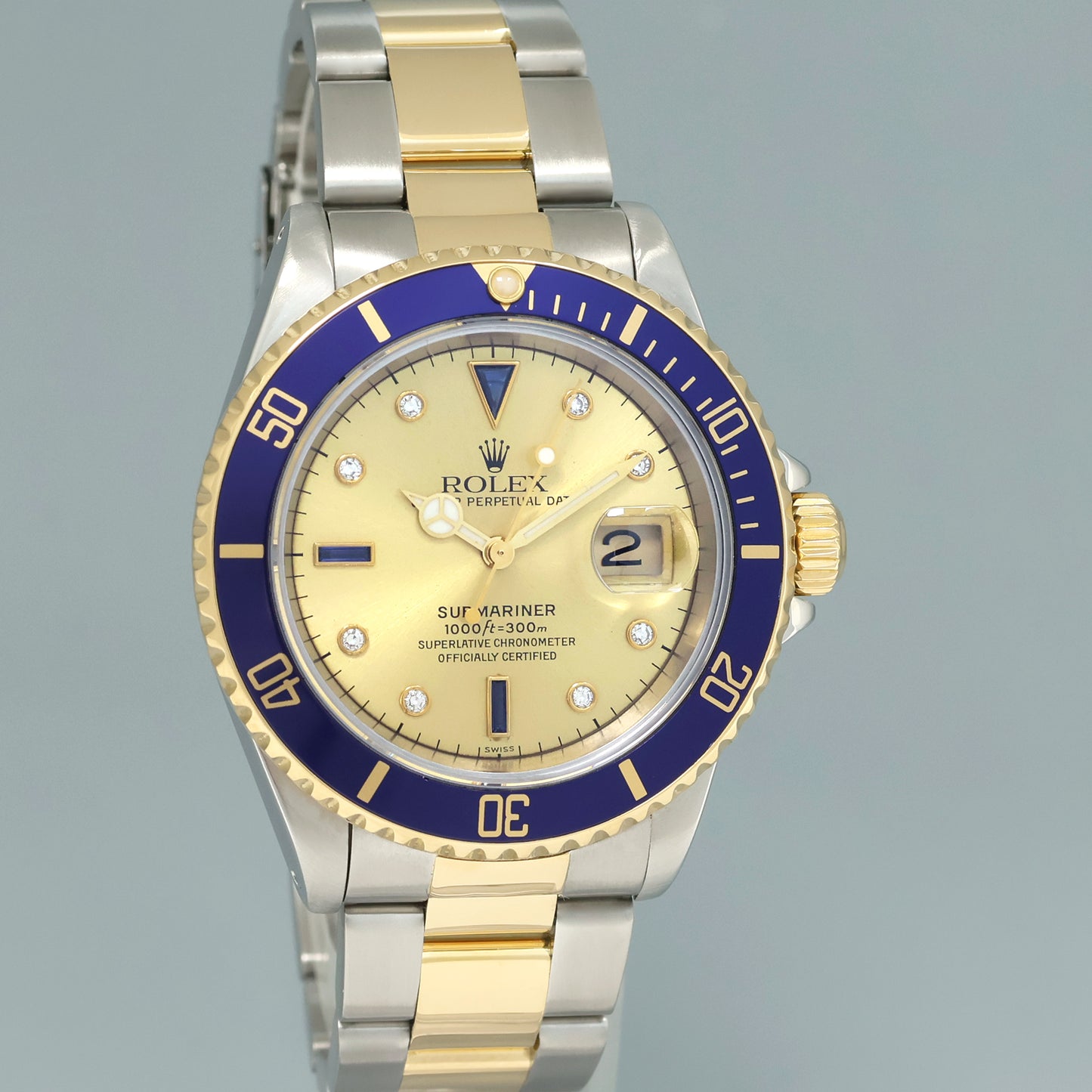 PAPERS 2000 MINT Rolex Submariner 16613 Two Tone Gold Serti Diamond Watch Box