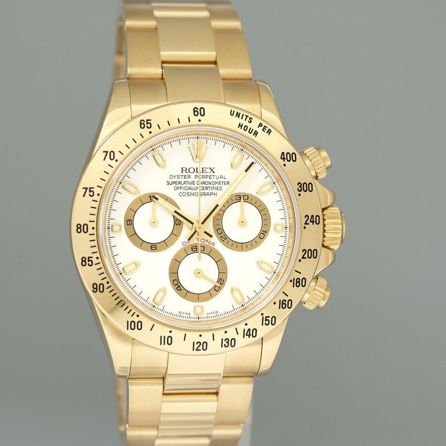 MINT Rolex Daytona 116528 White Cosmograph Chrono Yellow Gold 40mm Watch Box