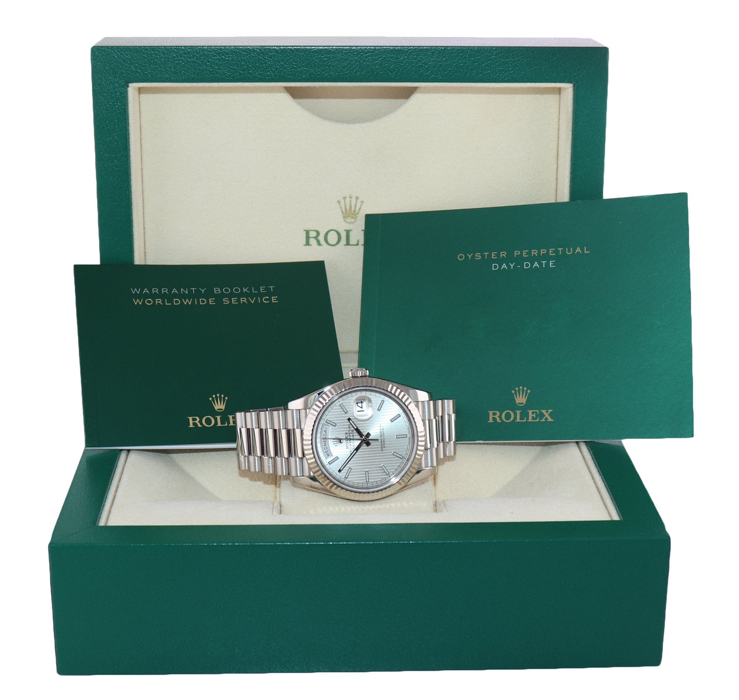 2020 MINT Rolex Day Date 40 White Gold President Silver Tapestry 228239 Watch Box