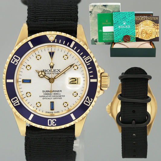 Rolex Submariner Silver Diamond Dial 16808 Oyster Yellow Gold 40mm Watch Box