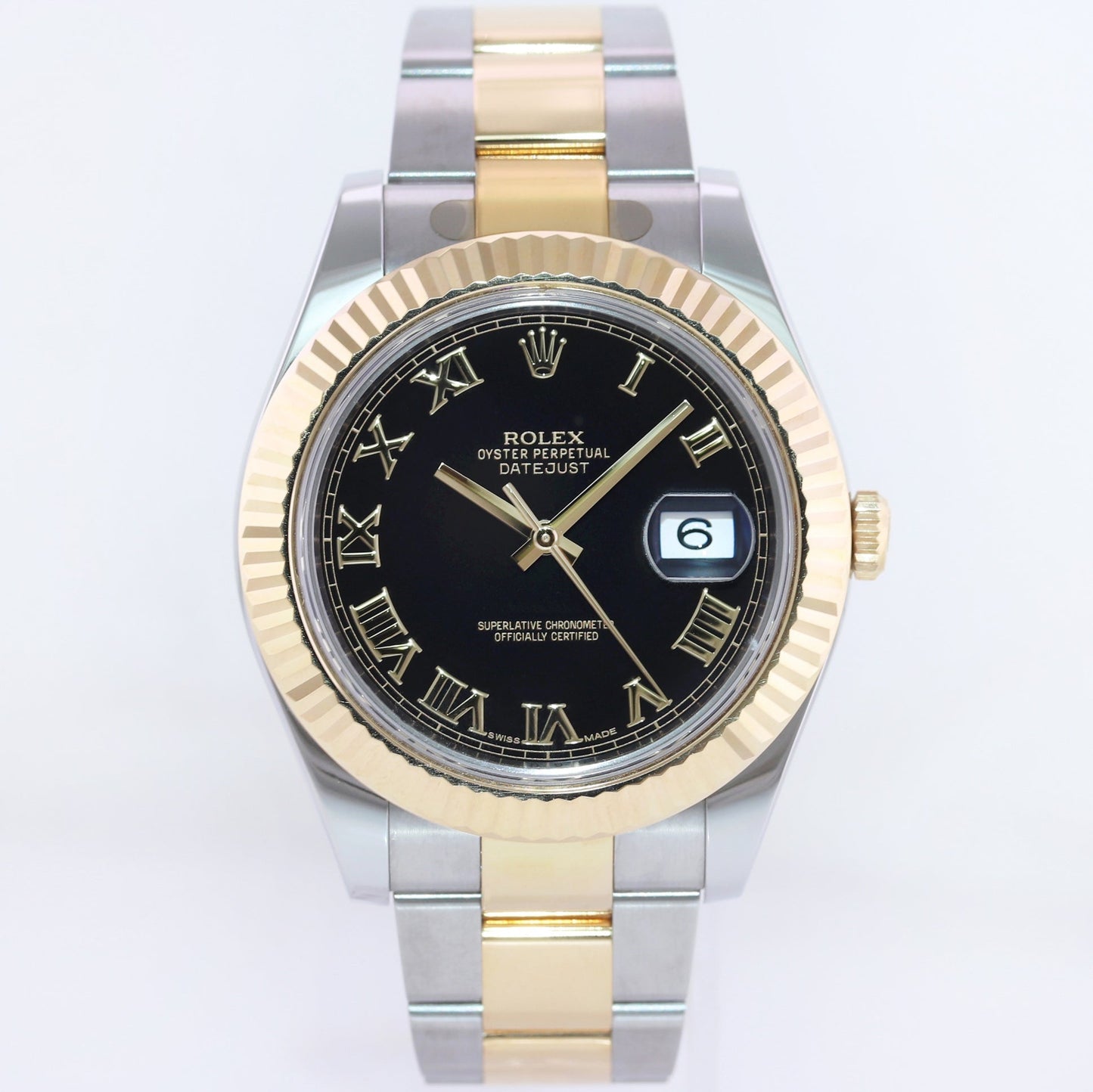 MINT 2015 Rolex Datejust 2 Black Roman 116333 Two-Tone Yellow Gold Oyster Watch Box