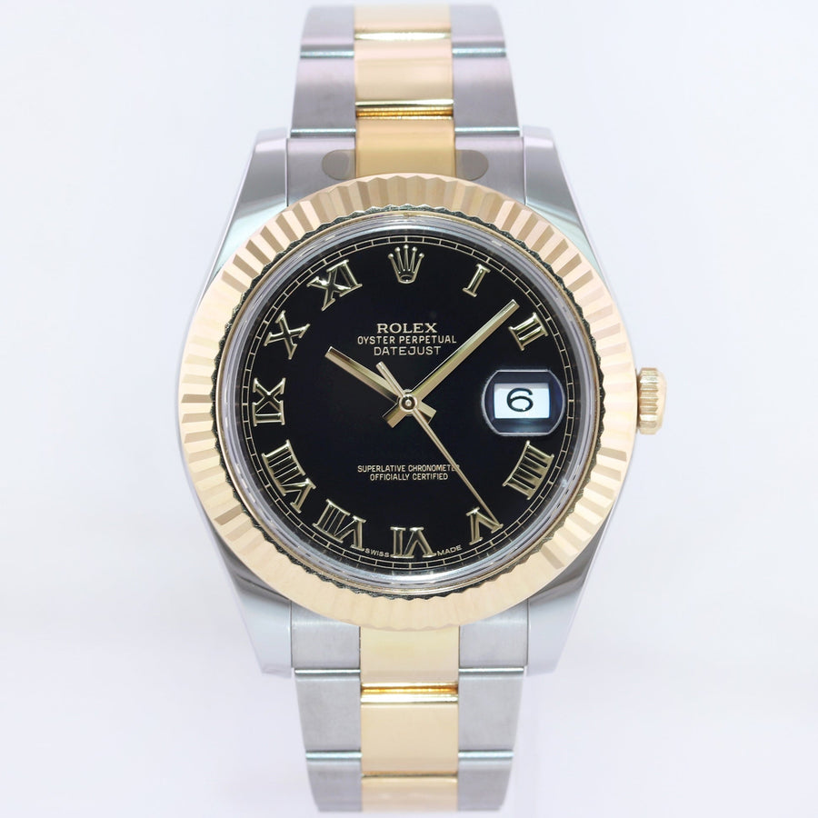 MINT 2015 Rolex Datejust 2 Black Roman 116333 Two-Tone Yellow Gold Oyster Watch Box