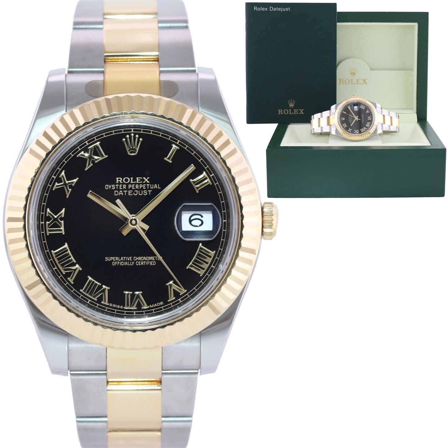 MINT 2015 Rolex Datejust 2 Black Roman 116333 Two-Tone Yellow Gold Oyster Watch Box