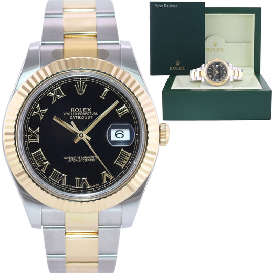 MINT 2015 Rolex Datejust 2 Black Roman 116333 Two-Tone Yellow Gold Oyster Watch Box