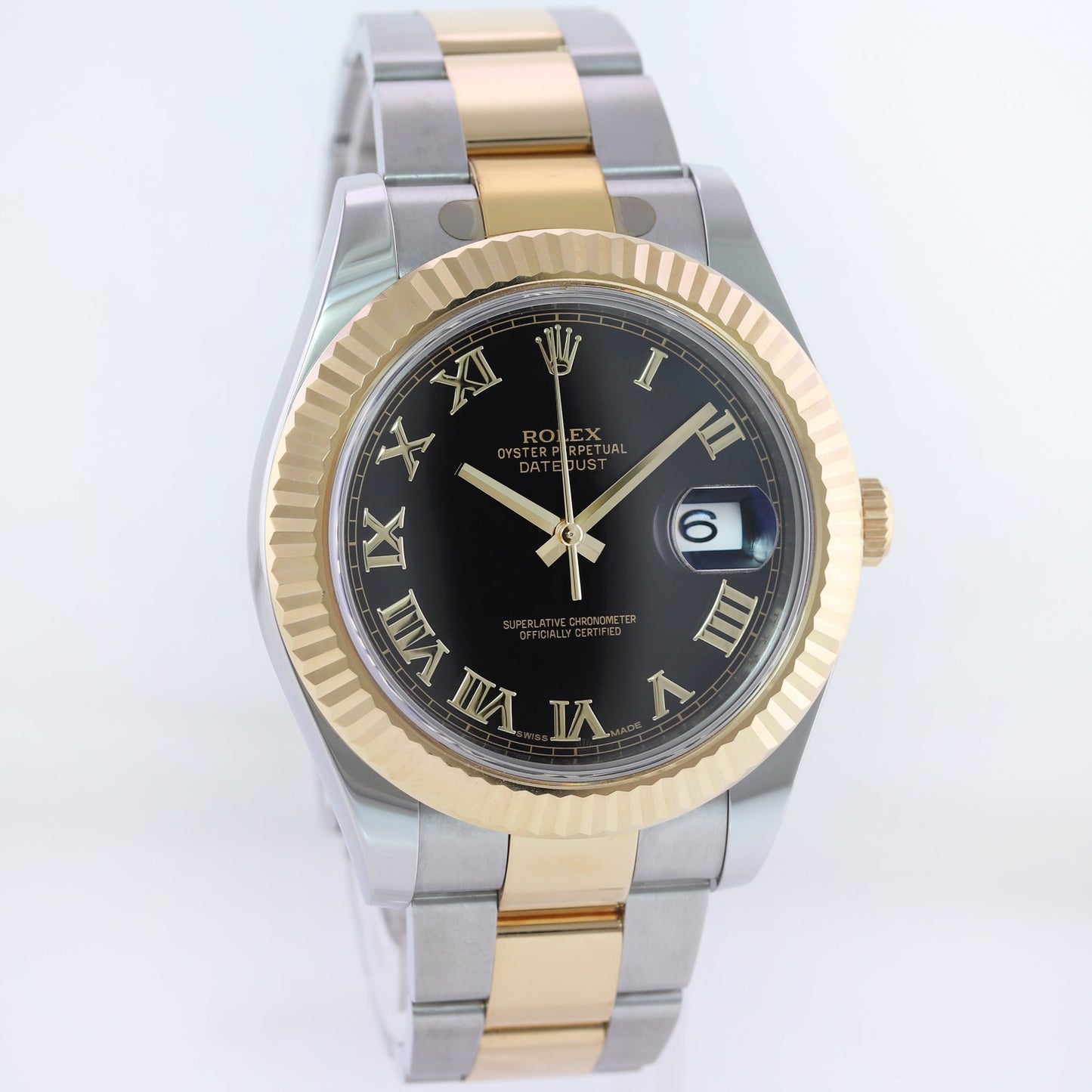 MINT 2015 Rolex Datejust 2 Black Roman 116333 Two-Tone Yellow Gold Oyster Watch Box