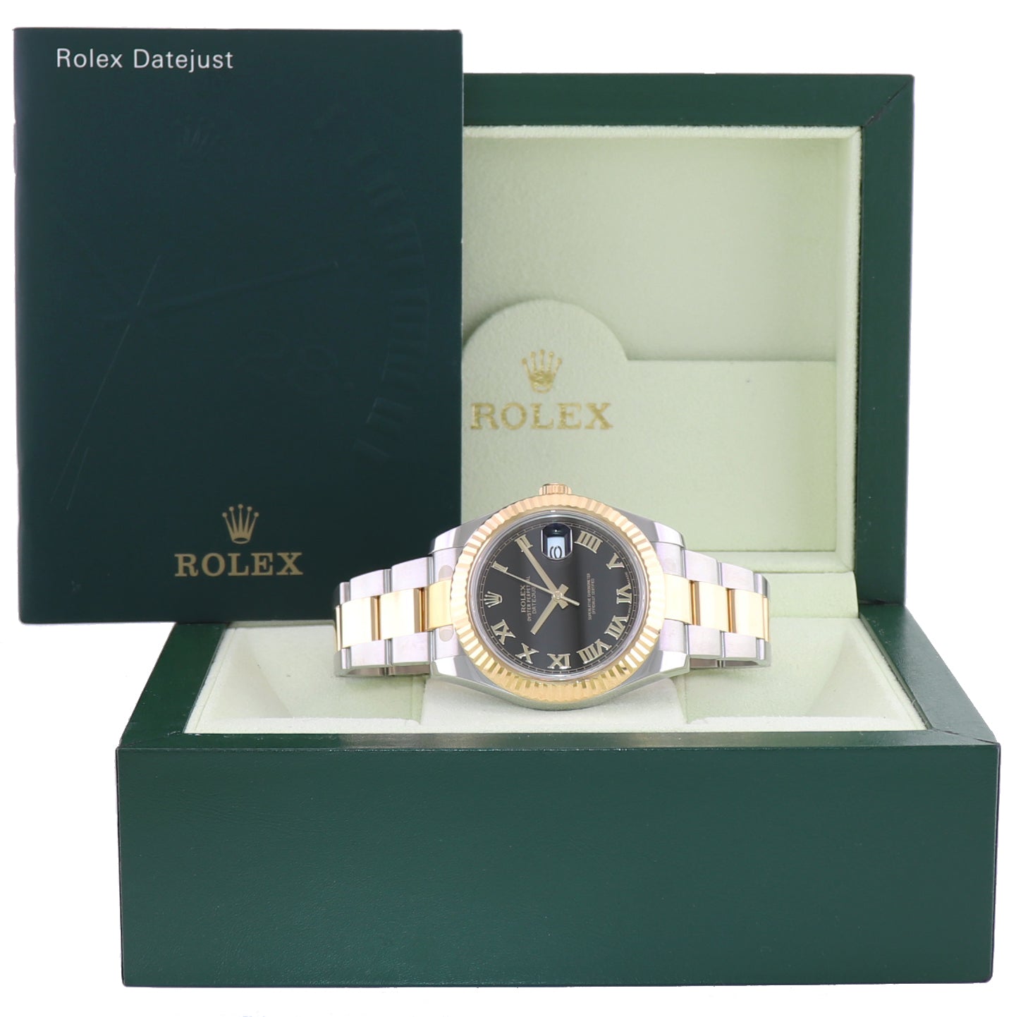 MINT 2015 Rolex Datejust 2 Black Roman 116333 Two-Tone Yellow Gold Oyster Watch Box