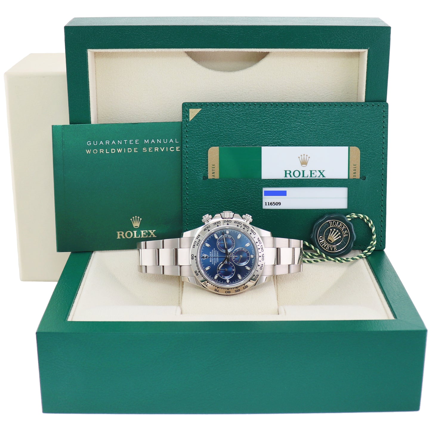 2018 MINT PAPERS Rolex Daytona Blue Dial Chrono 116509 18k White Gold Watch Box