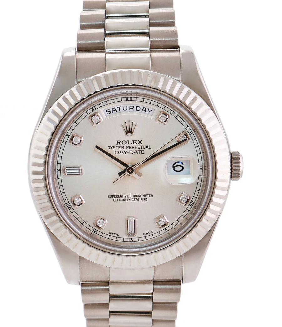 MINT ROLEX Day Date 218239 White Gold 41MM President Silver Diamond Watch Box