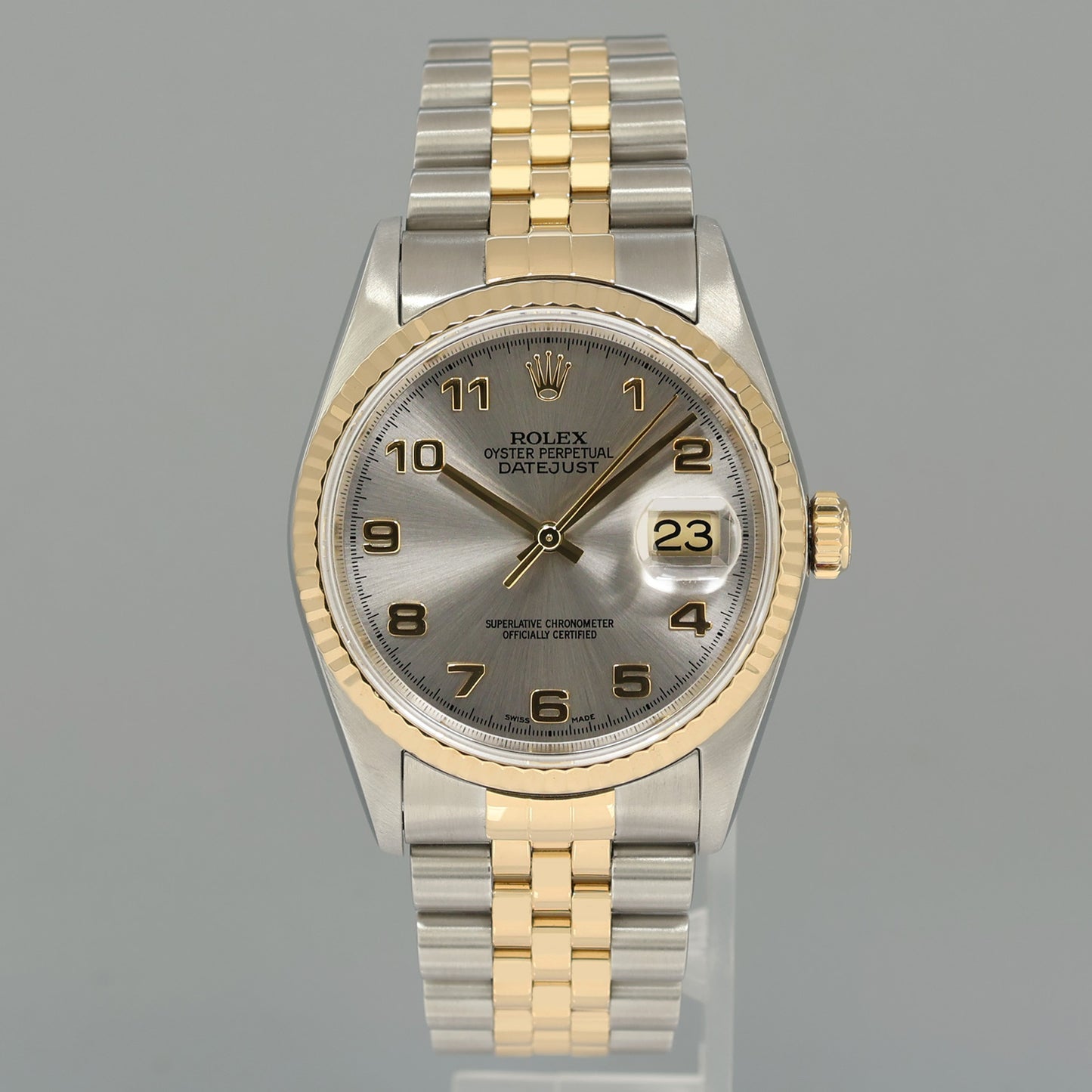 MINT Rolex DateJust 16233 Two Tone Yellow Gold Jubilee Silver Arabic Dial Watch