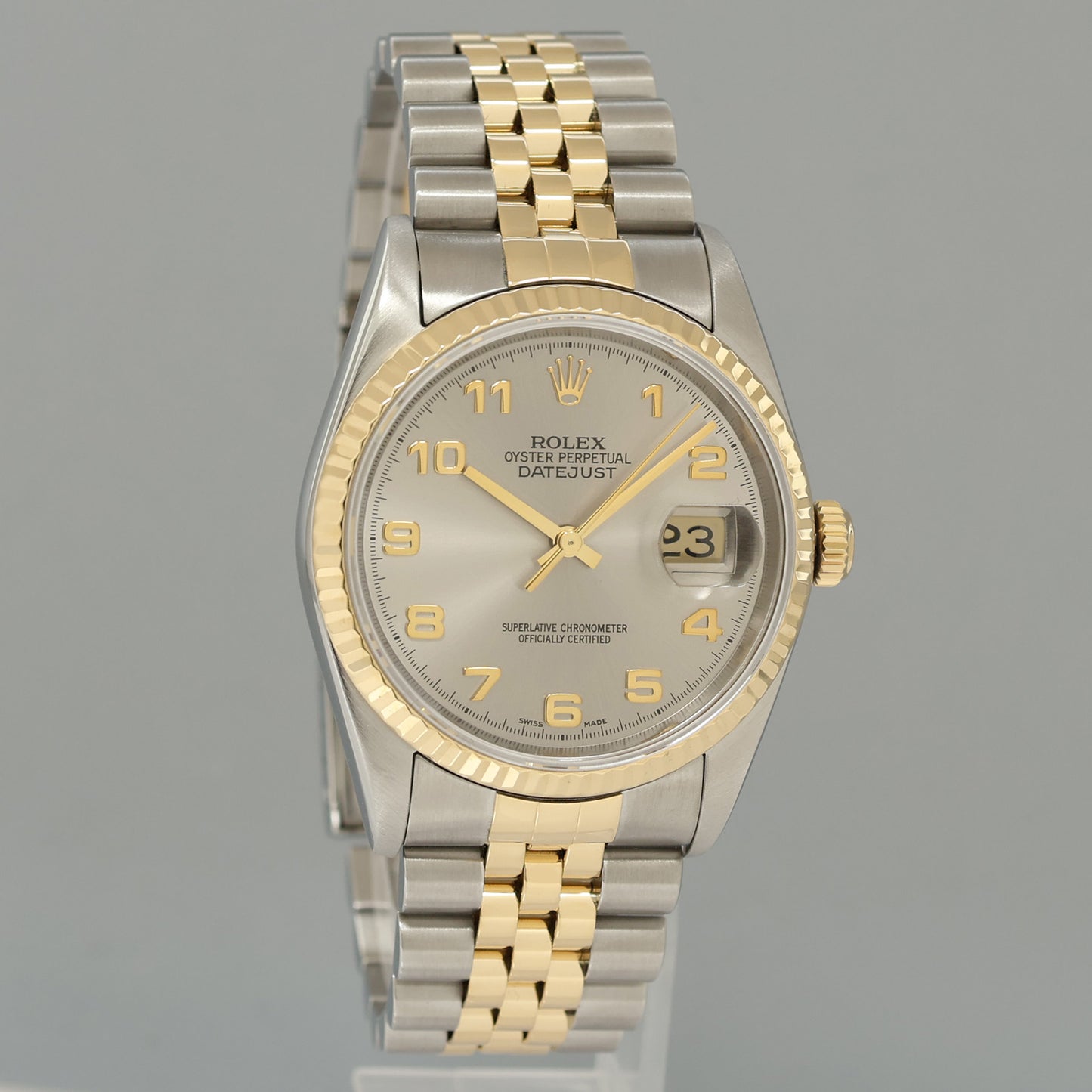 MINT Rolex DateJust 16233 Two Tone Yellow Gold Jubilee Silver Arabic Dial Watch