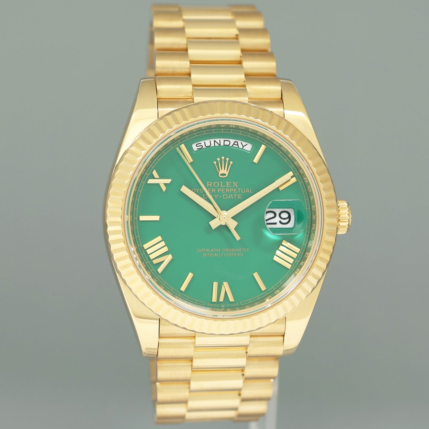 MINT Rolex Day-Date 40 President 228238 Green Enamel Roman Gold Watch Box