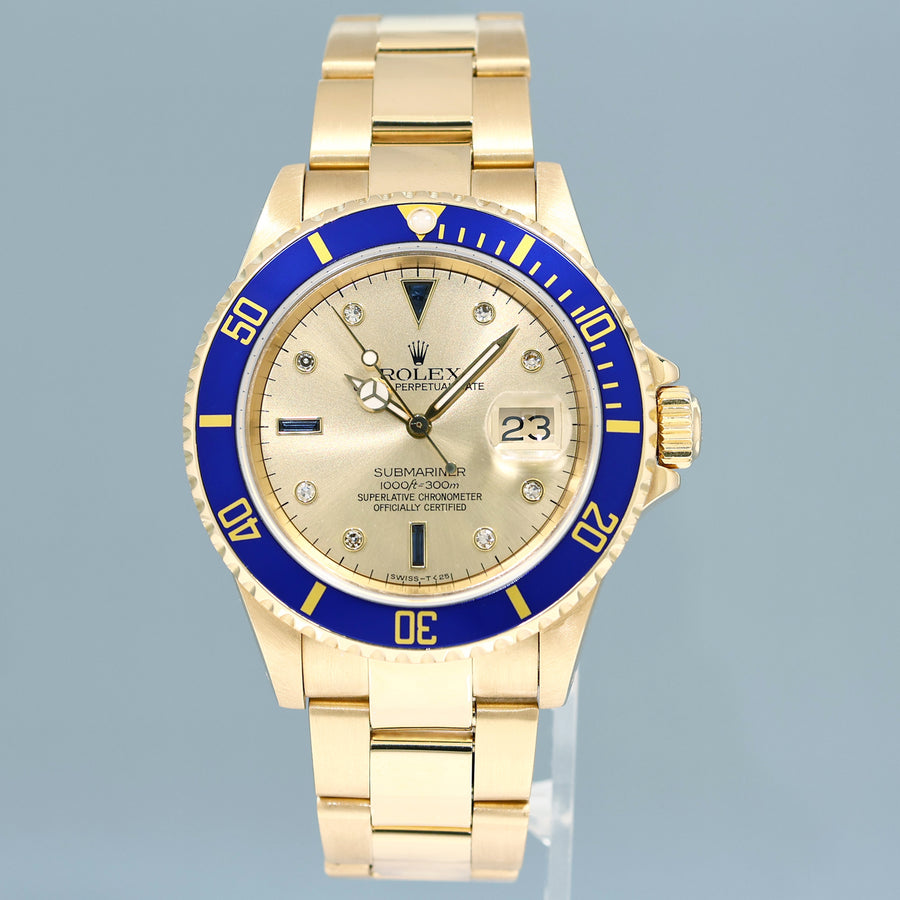 Rolex 16618 Submariner Yellow Gold Blue Champagne Serti Diamond 40mm Watch Box