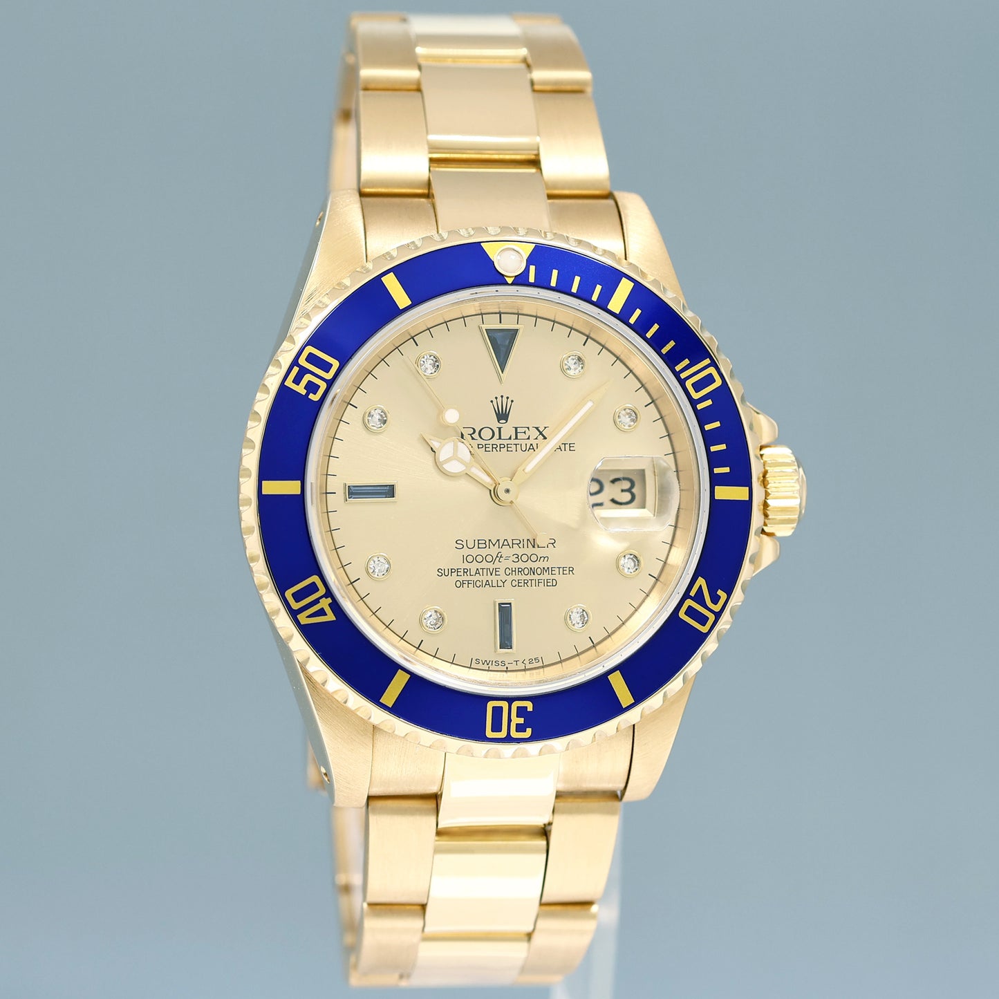 Rolex 16618 Submariner Yellow Gold Blue Champagne Serti Diamond 40mm Watch Box