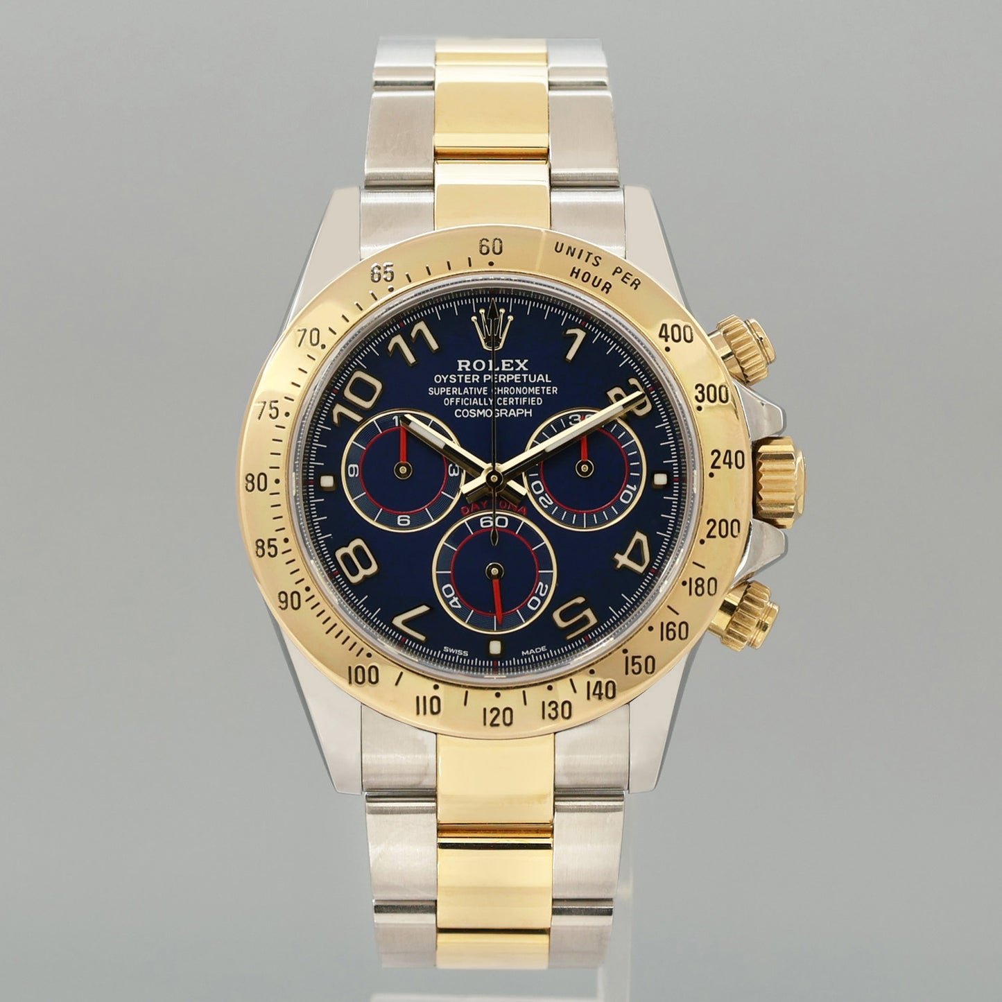 2025 RSC PAPERS Rolex Daytona 116523 Blue Arabic Red Steel Yellow Gold Two Tone Watch
