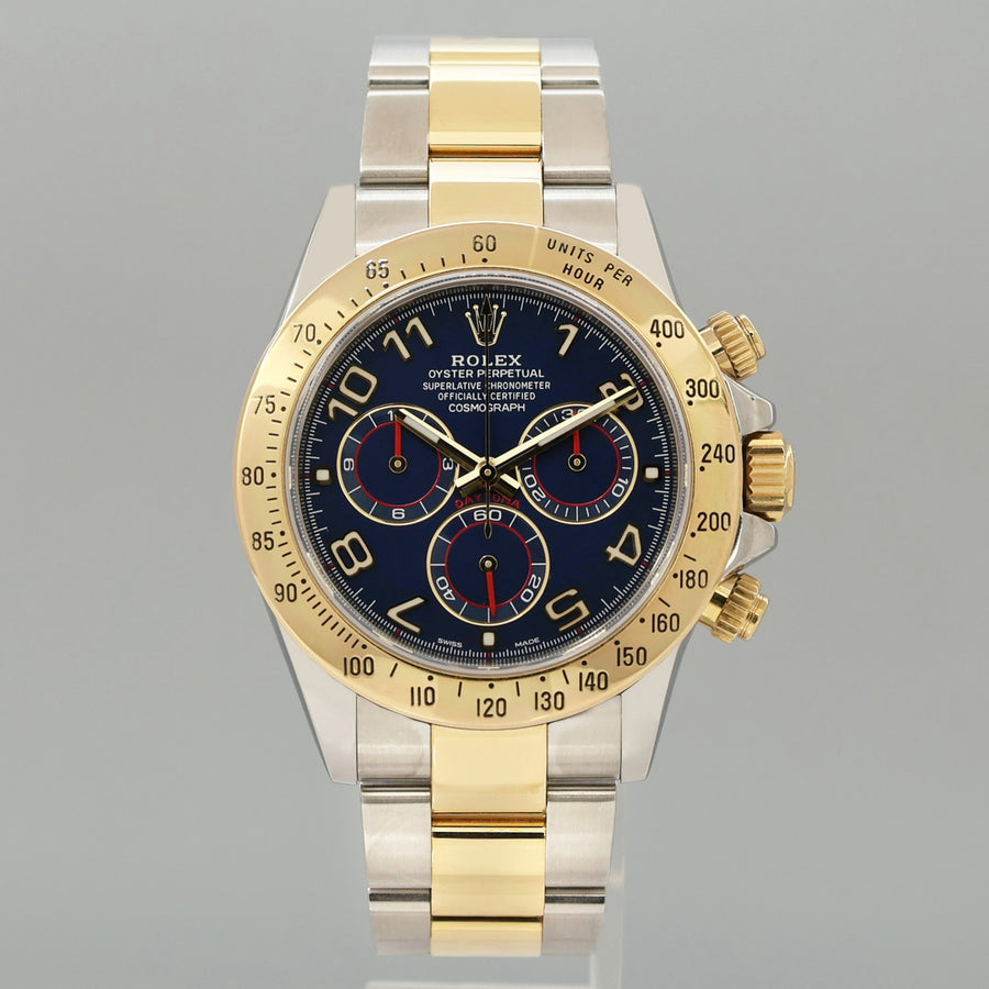 2025 RSC PAPERS Rolex Daytona 116523 Blue Arabic Red Steel Yellow Gold Two Tone Watch