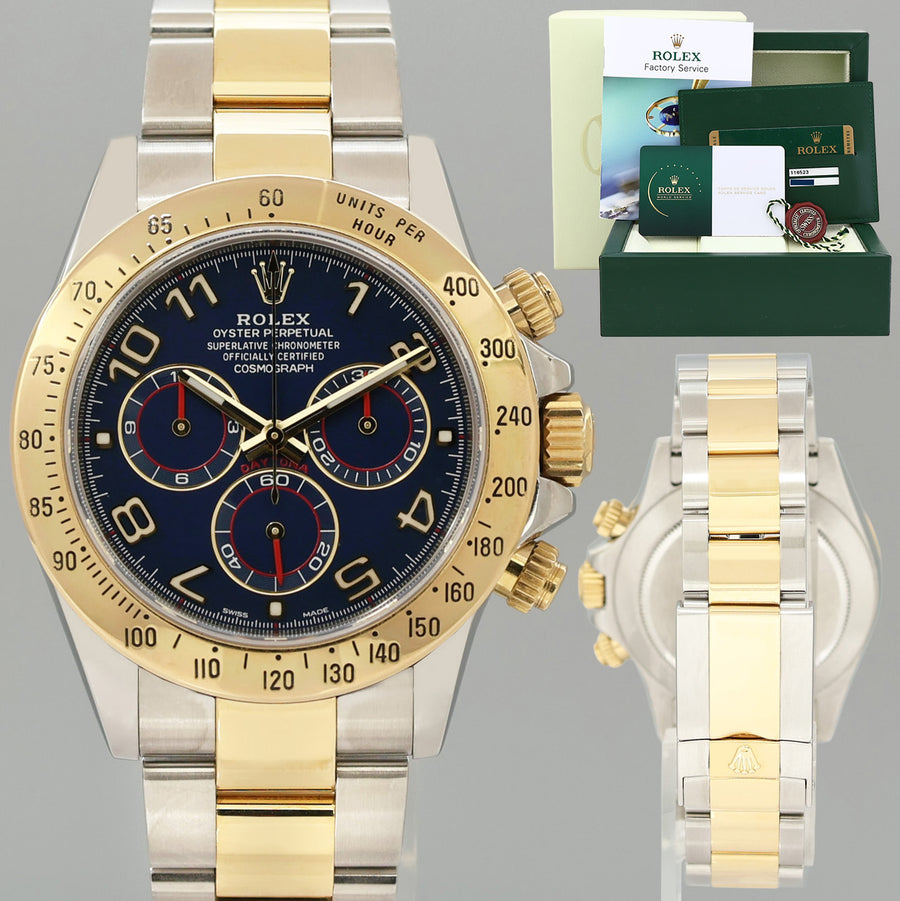 2025 RSC PAPERS Rolex Daytona 116523 Blue Arabic Red Steel Yellow Gold Two Tone Watch