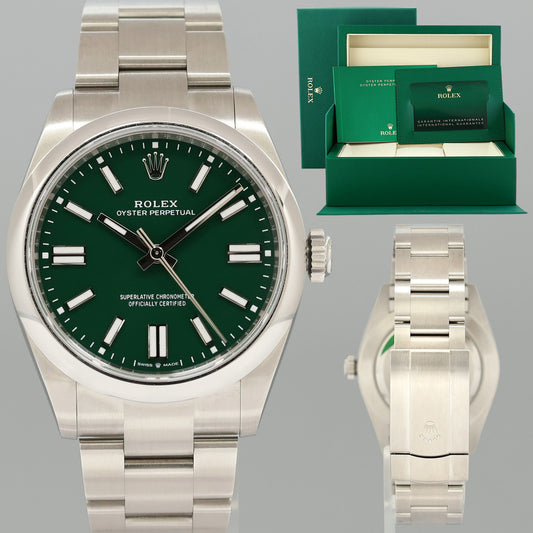OCT 2025 NEW PAPERS 134300 Green Rolex Oyster Perpetual 41mm Stick Oyster Watch Box