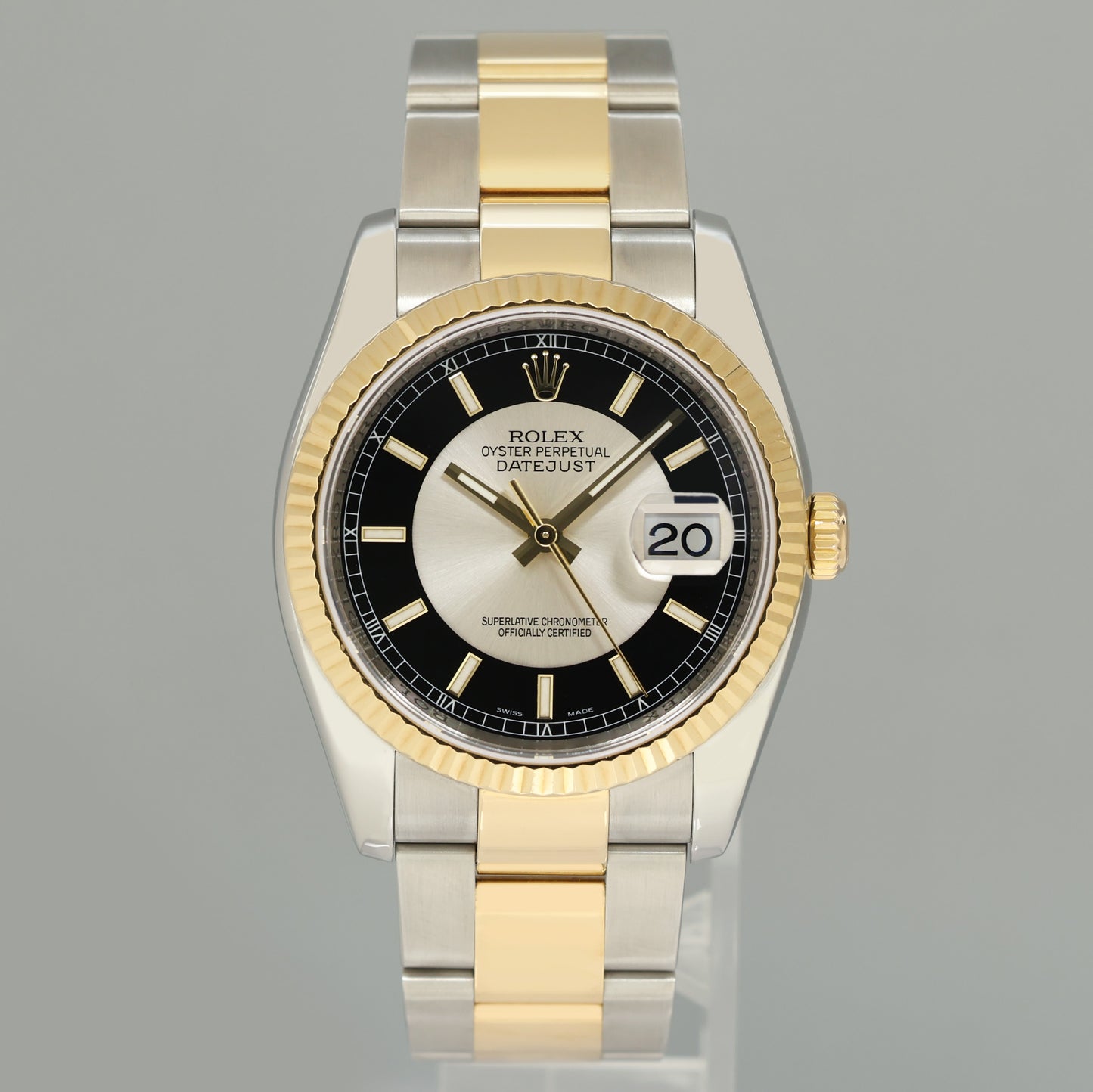 MINT Rolex DateJust Oyster Two Tone Yellow Gold Steel Black Tuxedo 36mm 116233 Watch