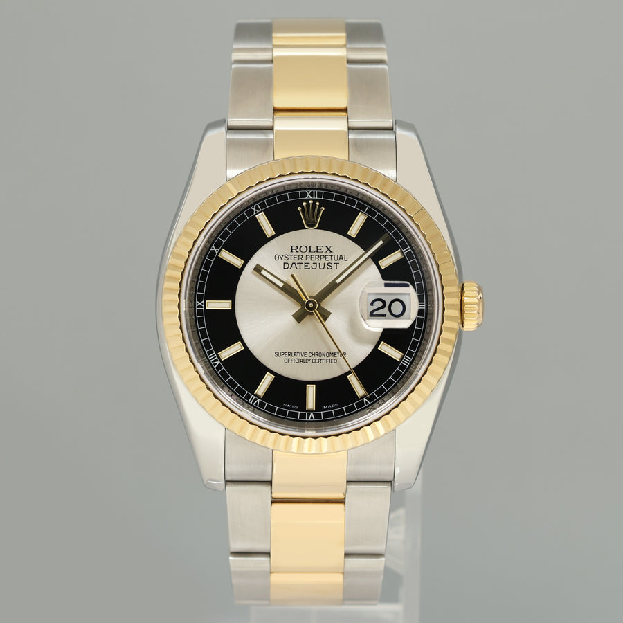 MINT Rolex DateJust Oyster Two Tone Yellow Gold Steel Black Tuxedo 36mm 116233 Watch