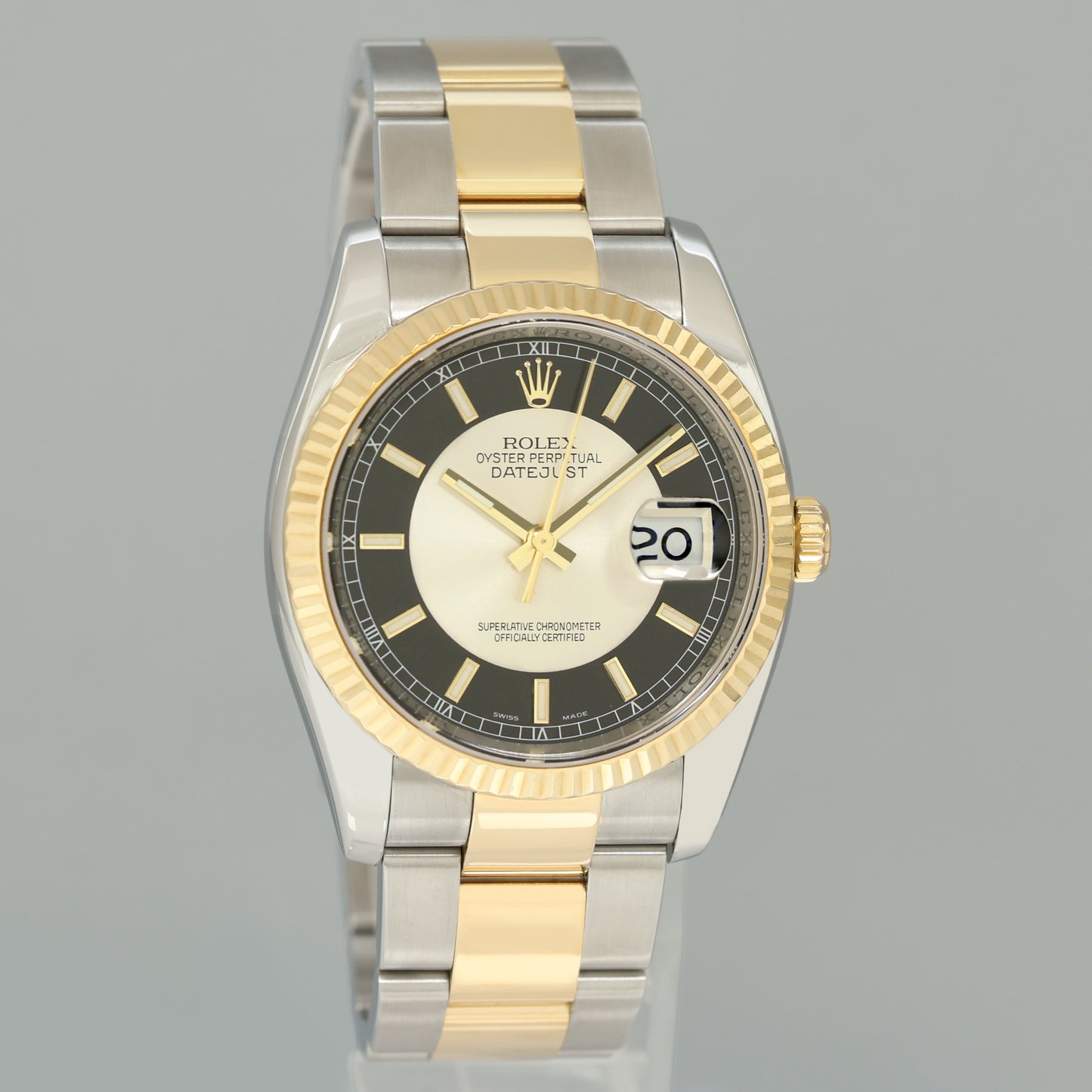 MINT Rolex DateJust Oyster Two Tone Yellow Gold Steel Black Tuxedo 36mm 116233 Watch