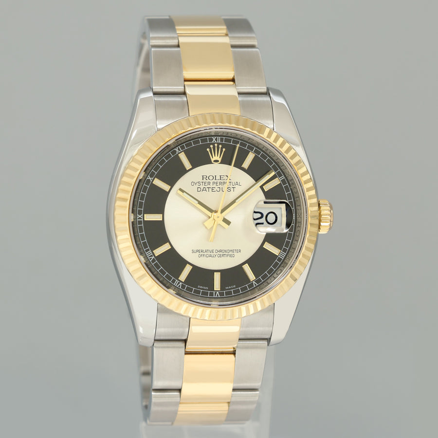 MINT Rolex DateJust Oyster Two Tone Yellow Gold Steel Black Tuxedo 36mm 116233 Watch
