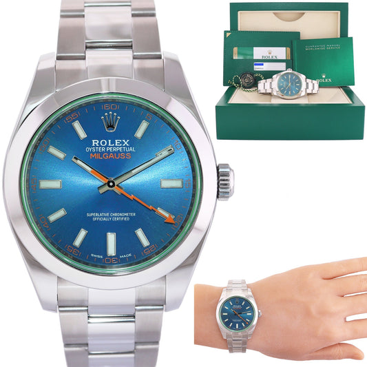 2020 MINT PAPERS Rolex Milgauss Blue Dial Anniversary Green 116400GV Steel Watch Box