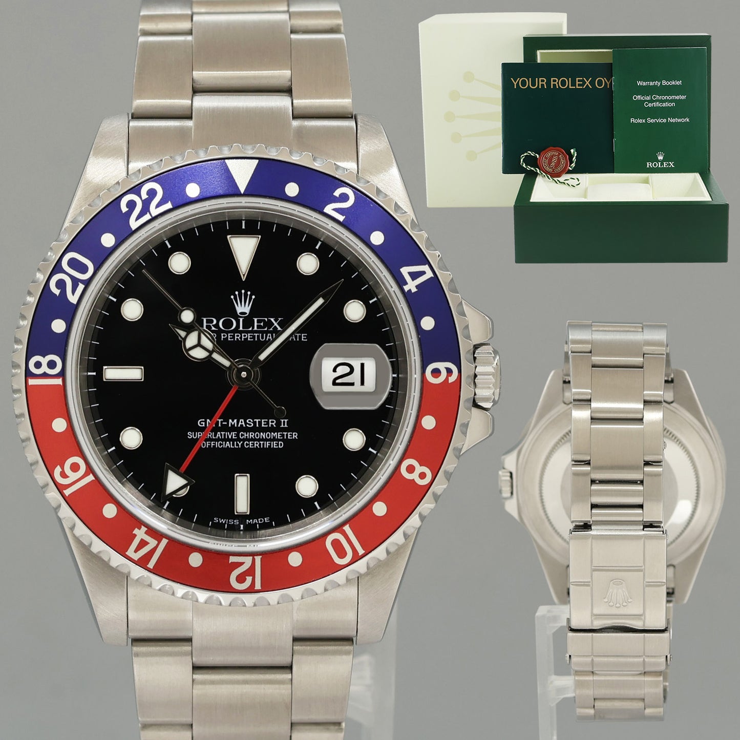 2005 MINT Rolex GMT-Master II Pepsi 40mm Steel 16710 NO HOLES Black Watch Box