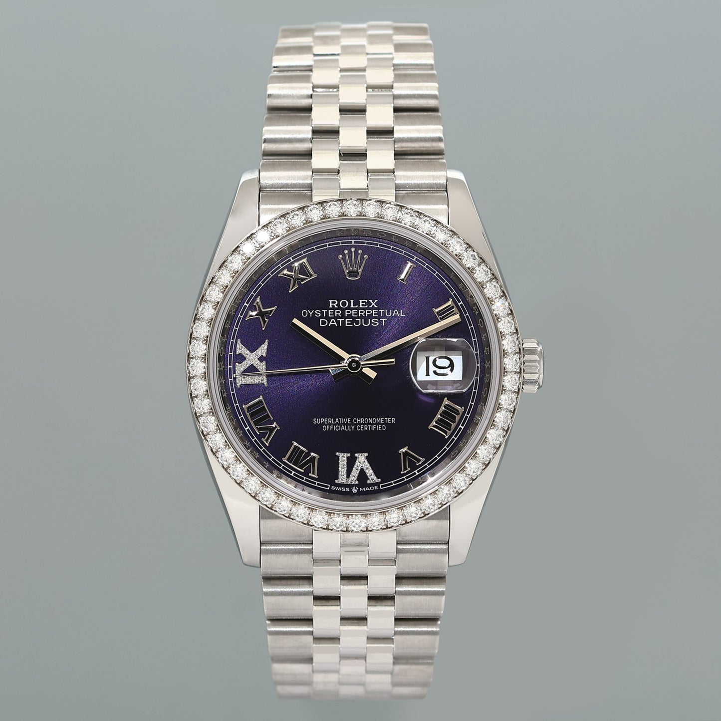 NEW PAPERS Rolex DateJust Jubilee 36mm 126284RBR Purple Roman Diamond Bezel Watch