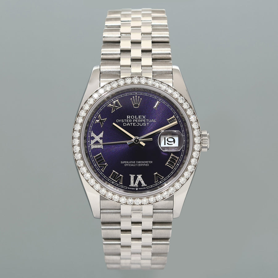 NEW PAPERS Rolex DateJust Jubilee 36mm 126284RBR Purple Roman Diamond Bezel Watch
