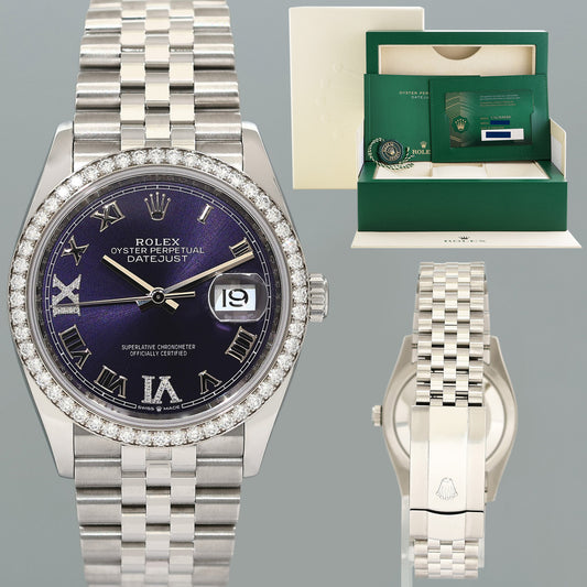 NEW PAPERS Rolex DateJust Jubilee 36mm 126284RBR Purple Roman Diamond Bezel Watch