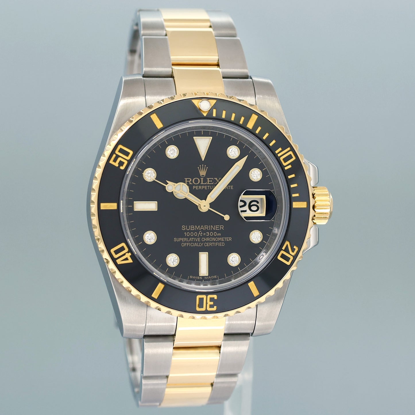 MINT Rolex Submariner 116613LN Two Tone Steel Yellow Gold Black Diamond Serti Watch