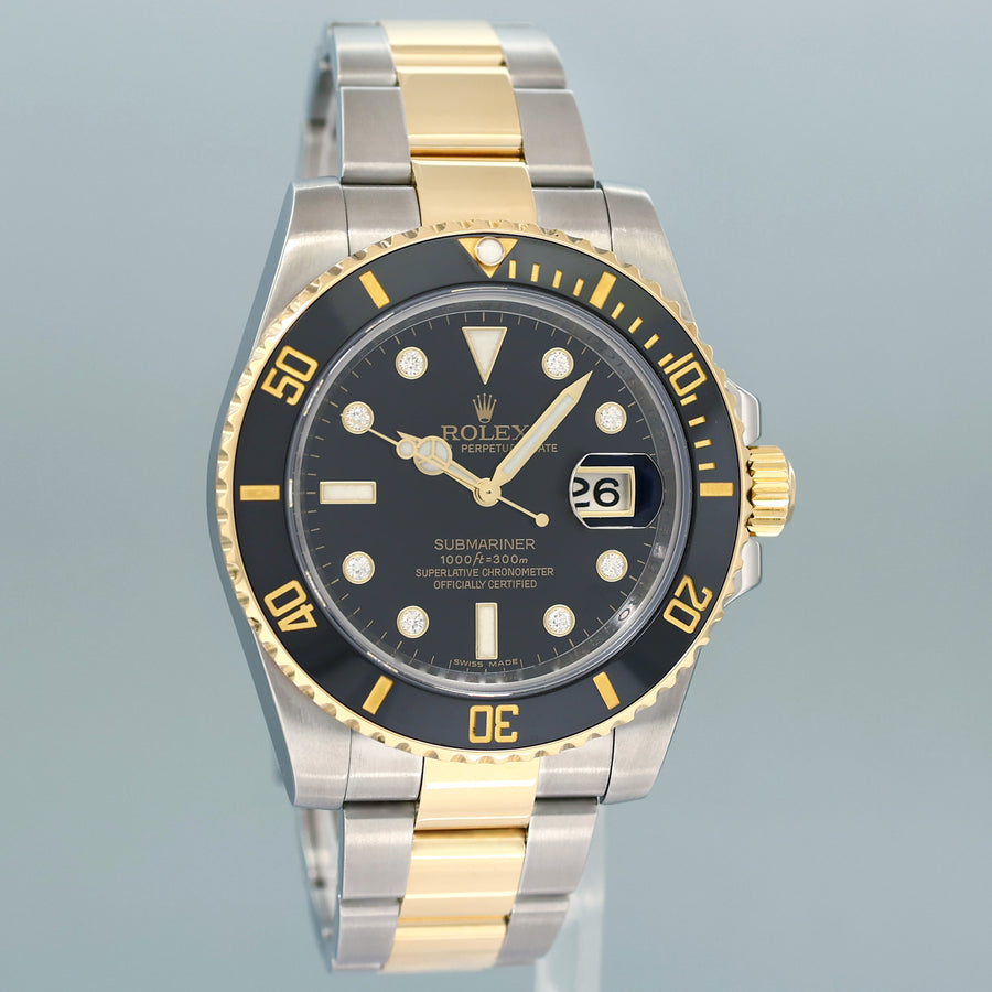 MINT Rolex Submariner 116613LN Two Tone Steel Yellow Gold Black Diamond Serti Watch