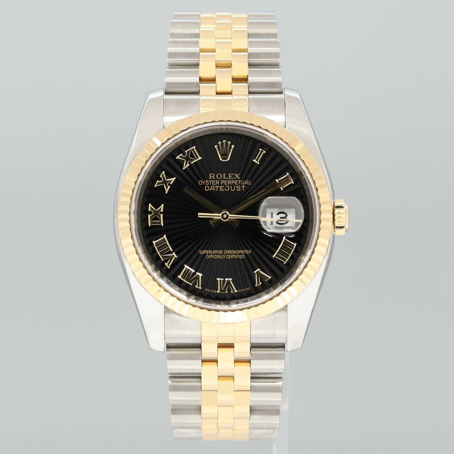 MINT Rolex DateJust Jubilee Two Tone Yellow Gold Black Sunbeam Roman 116233 Watch