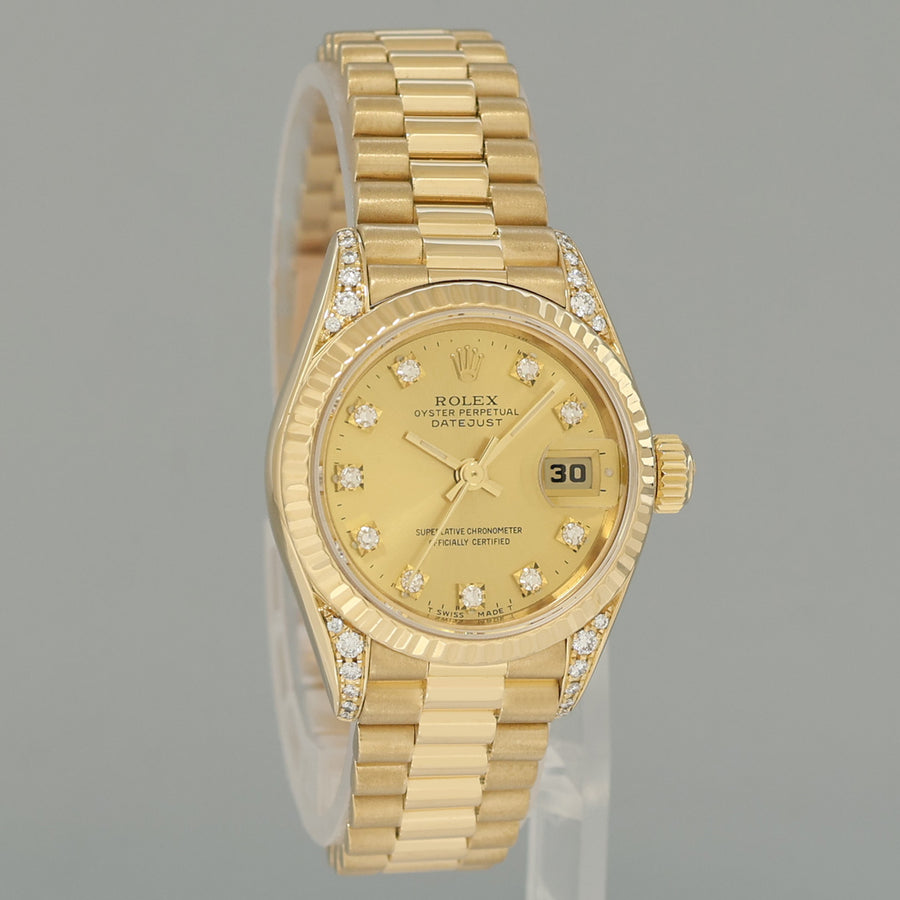 MINT 69238 Champagne Diamond Lug Ladies Rolex DateJust President 26mm Gold Watch