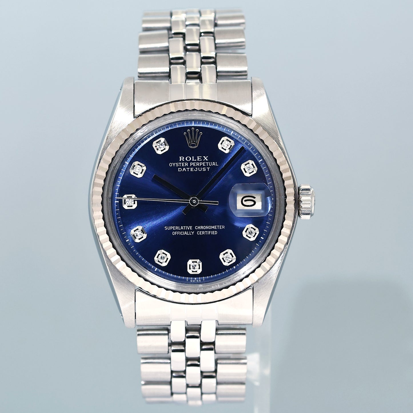 Rolex DateJust 1601 Blue Diamond Dial White Gold Jubilee Band 36mm Watch Box