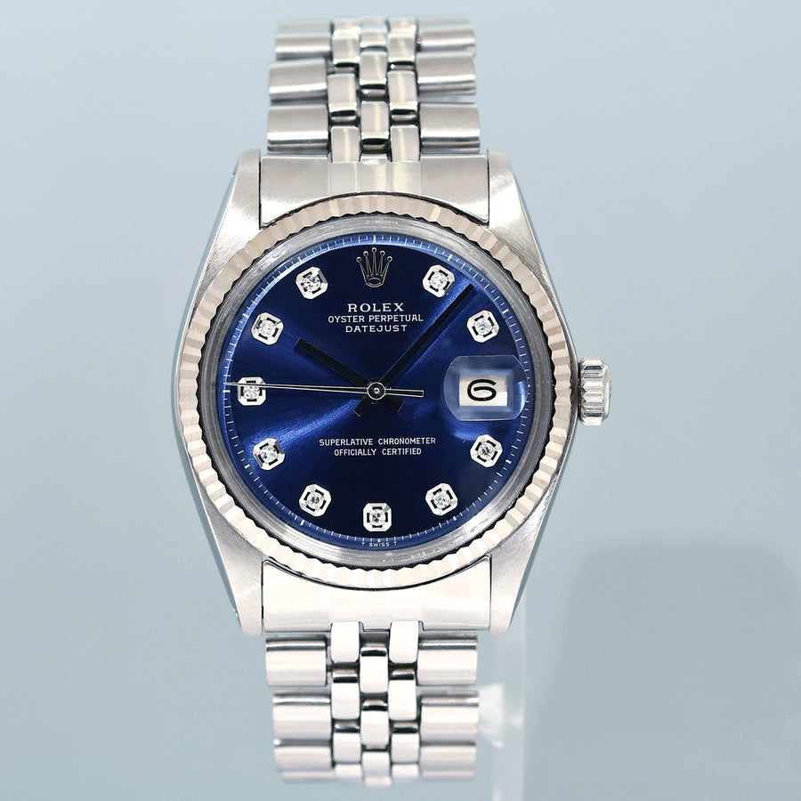 Rolex DateJust 1601 Blue Diamond Dial White Gold Jubilee Band 36mm Watch Box