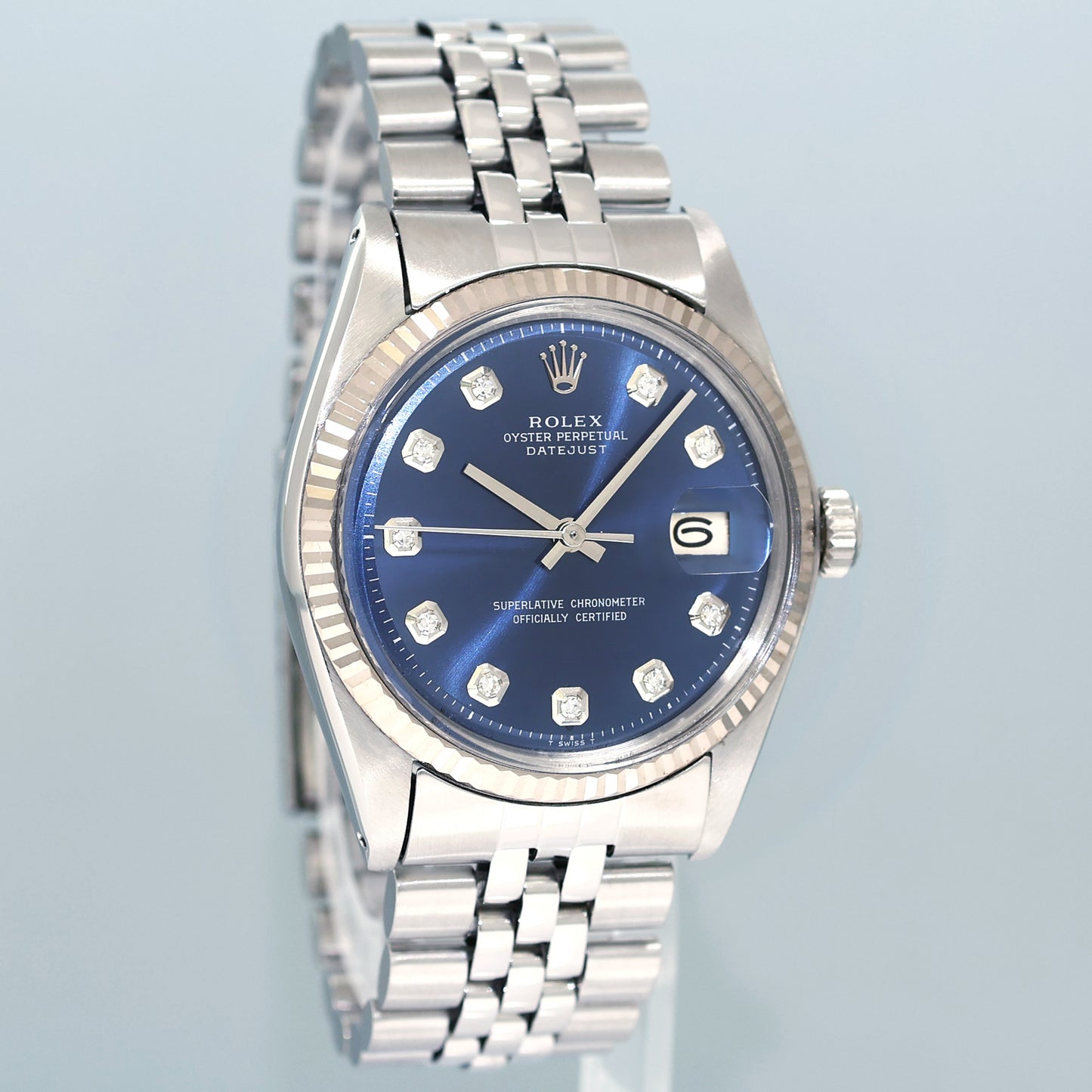 Rolex DateJust 1601 Blue Diamond Dial White Gold Jubilee Band 36mm Watch Box