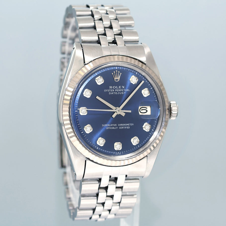 Rolex DateJust 1601 Blue Diamond Dial White Gold Jubilee Band 36mm Watch Box