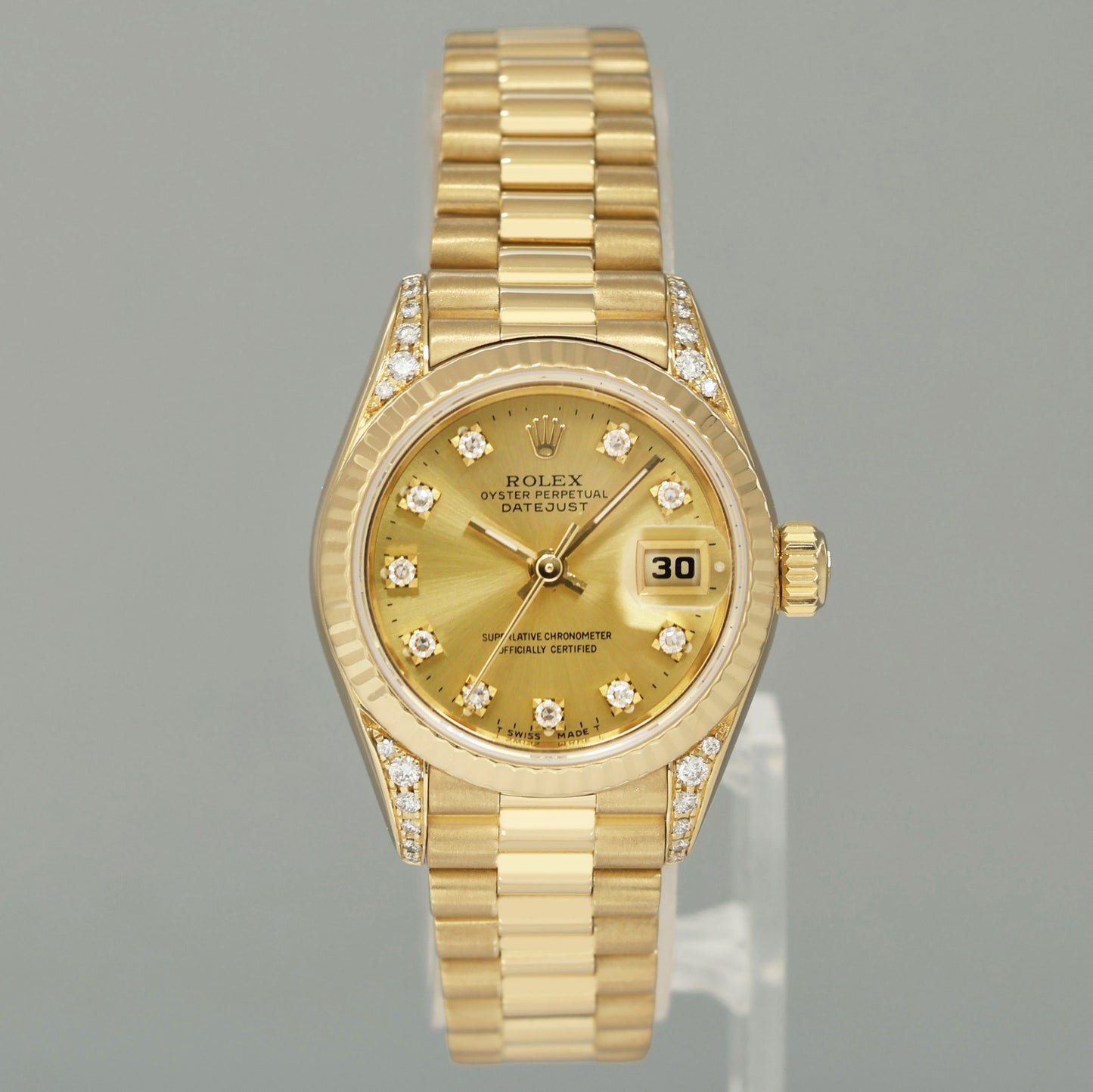 MINT 69238 Champagne Diamond Lug Ladies Rolex DateJust President 26mm Gold Watch