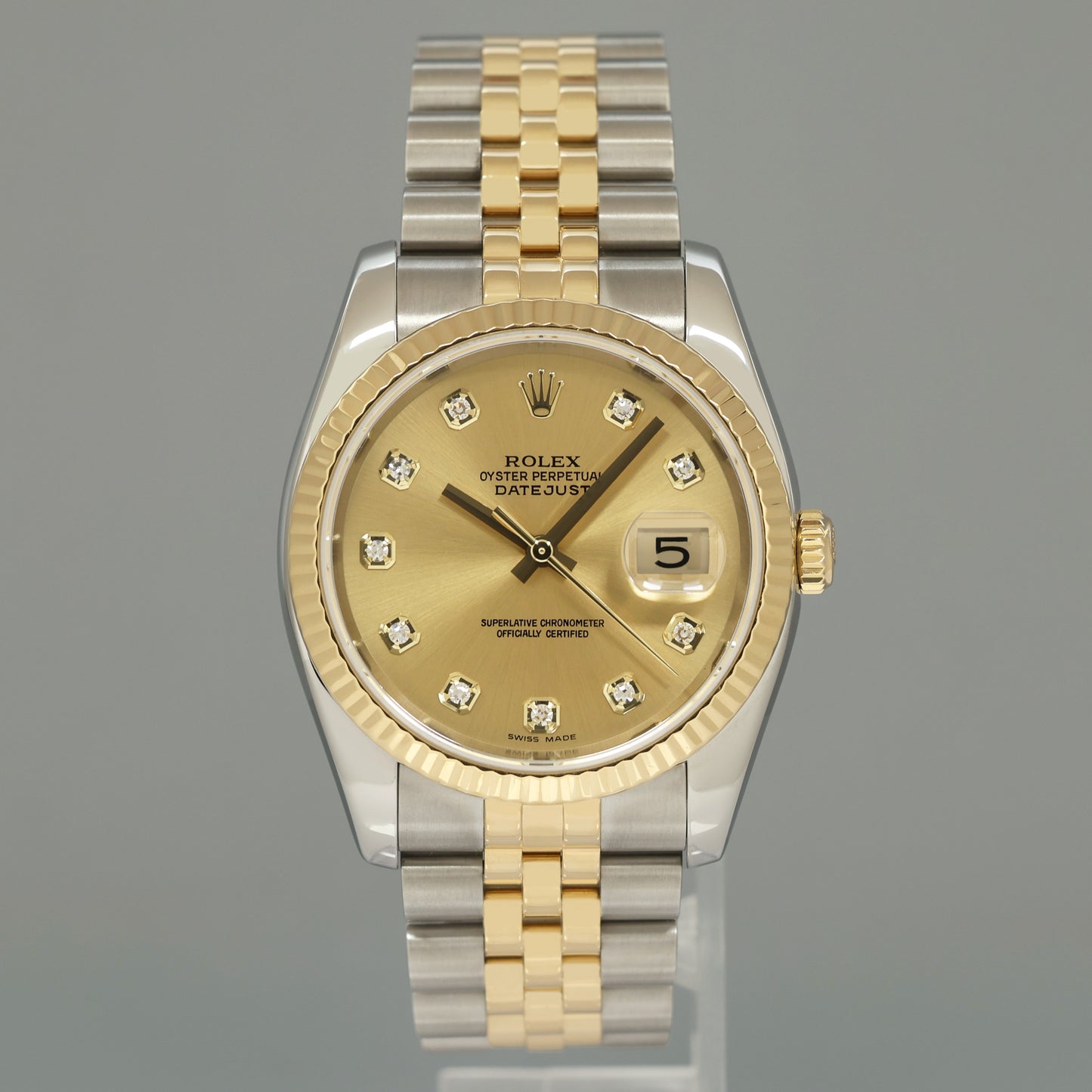 MINT Rolex DateJust Tone Rose Gold Steel 36mm Champagne Diamond 116233 Watch Box