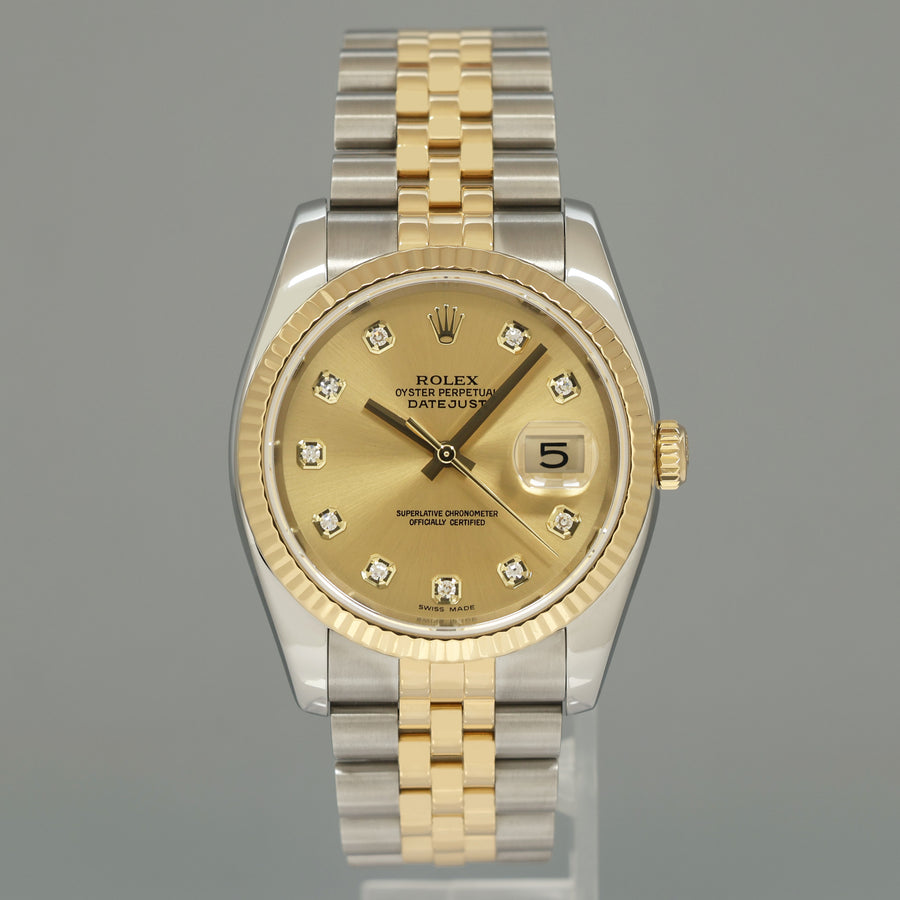 MINT Rolex DateJust Tone Rose Gold Steel 36mm Champagne Diamond 116233 Watch Box