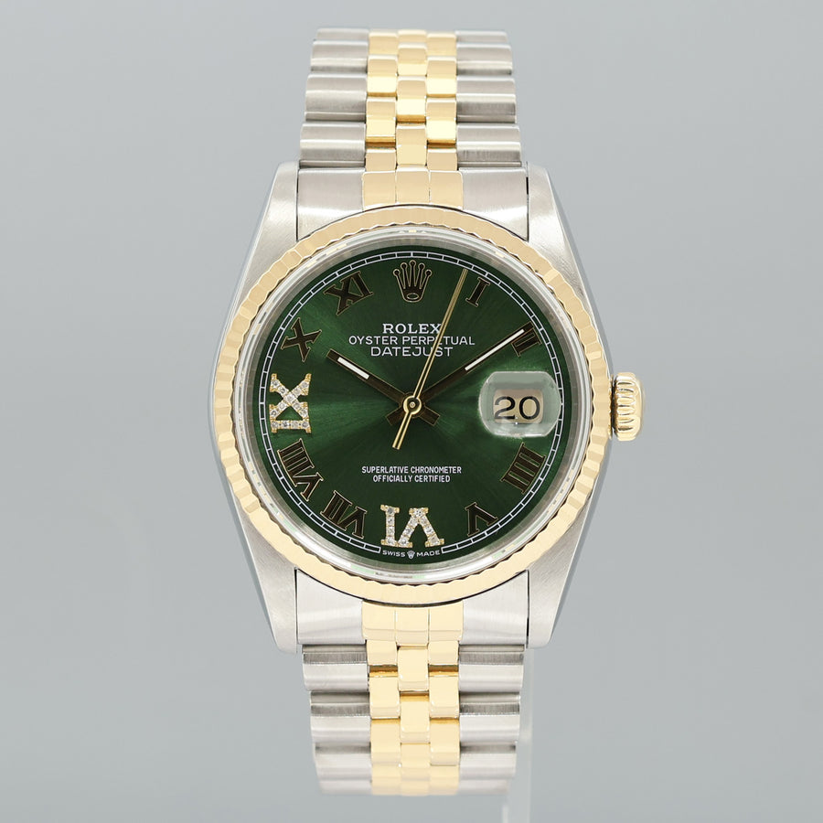 MINT Rolex DateJust 16233 Two Tone Yellow Gold Jubilee Green Diamond Dial Watch