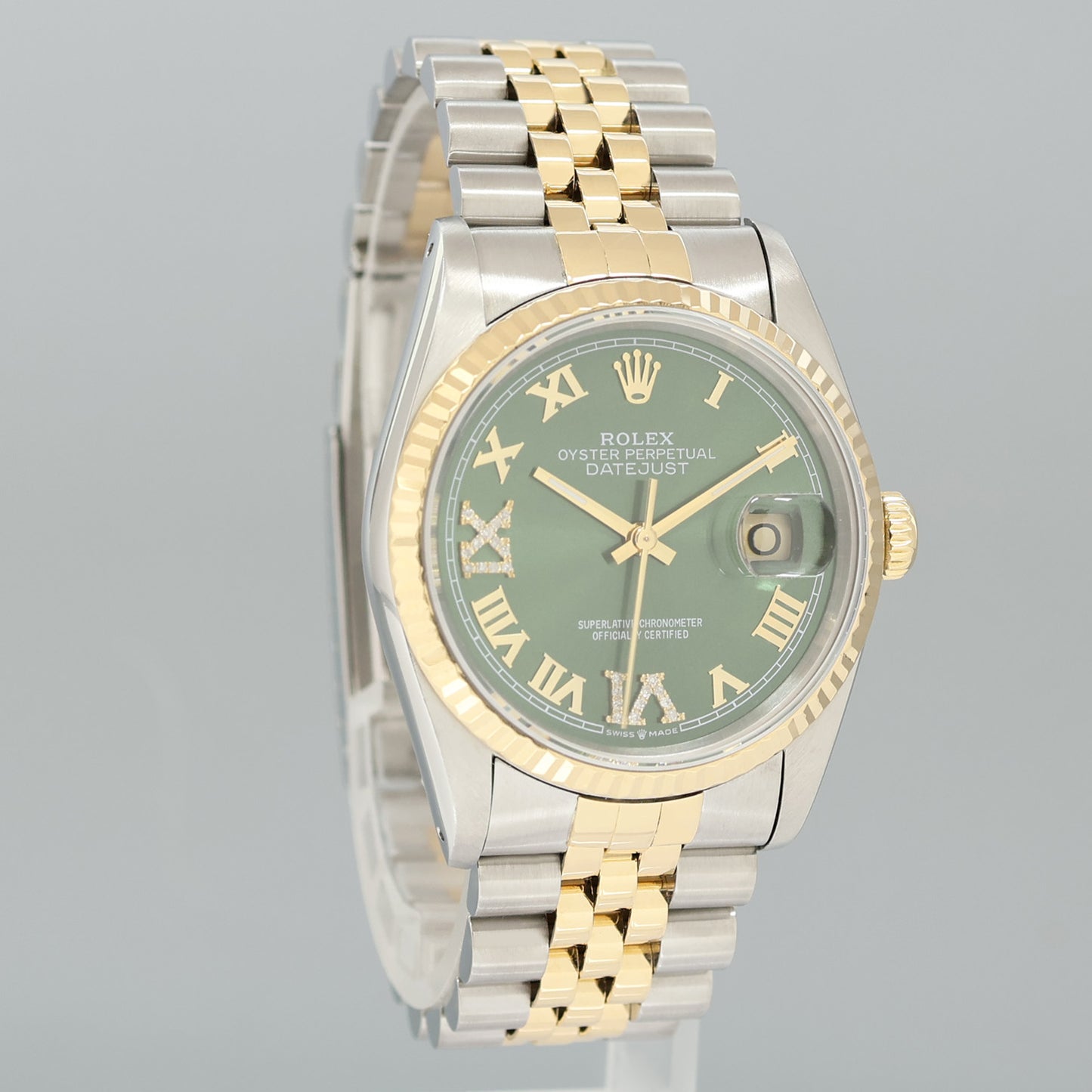 MINT Rolex DateJust 16233 Two Tone Yellow Gold Jubilee Green Diamond Dial Watch
