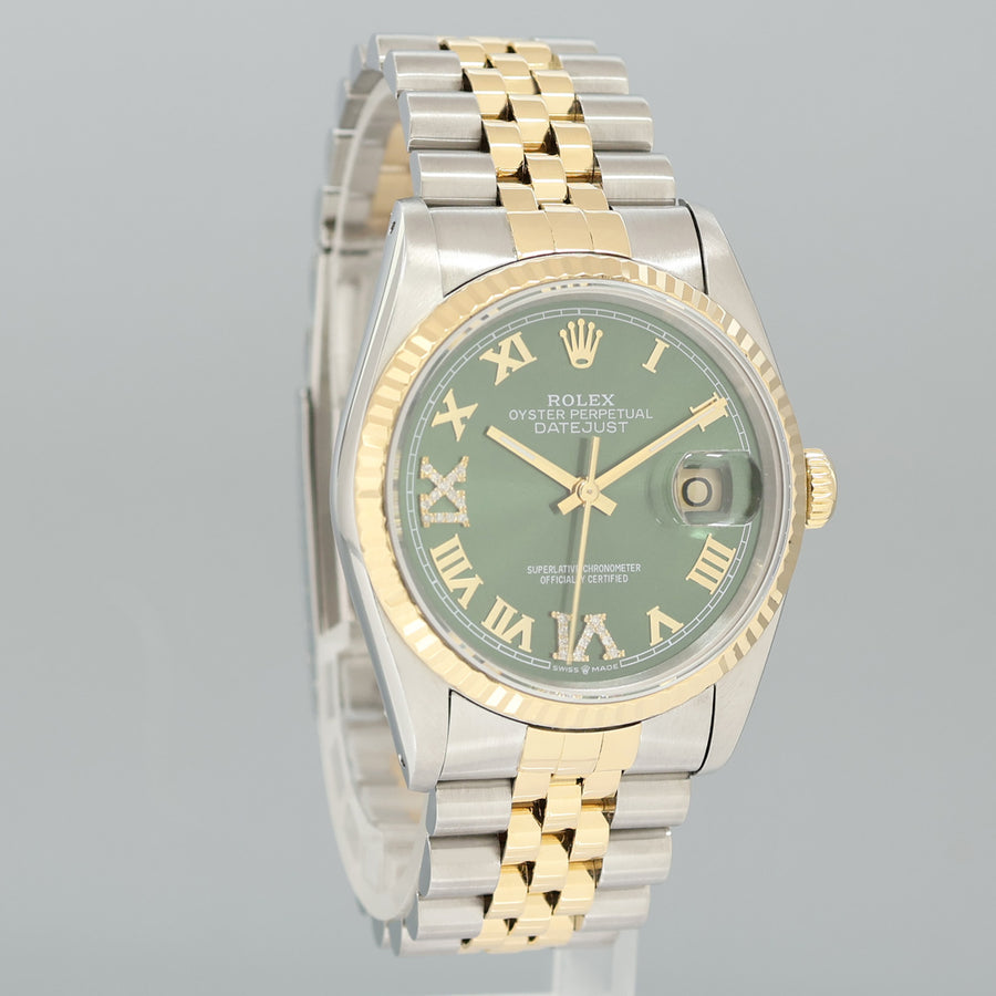 MINT Rolex DateJust 16233 Two Tone Yellow Gold Jubilee Green Diamond Dial Watch