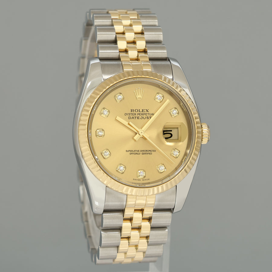 MINT Rolex DateJust Tone Rose Gold Steel 36mm Champagne Diamond 116233 Watch Box