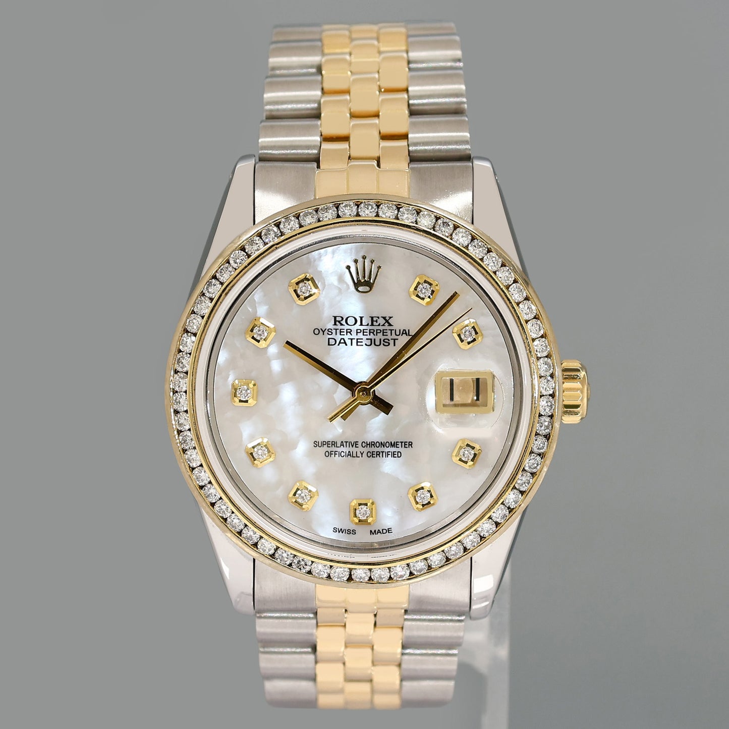 PEARL & DIAMOND BEZEL Rolex DateJust 16013 Two-Tone Yellow Gold Jubilee Watch Box