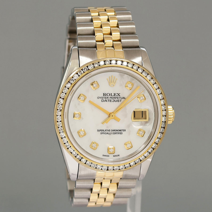 PEARL & DIAMOND BEZEL Rolex DateJust 16013 Two-Tone Yellow Gold Jubilee Watch Box