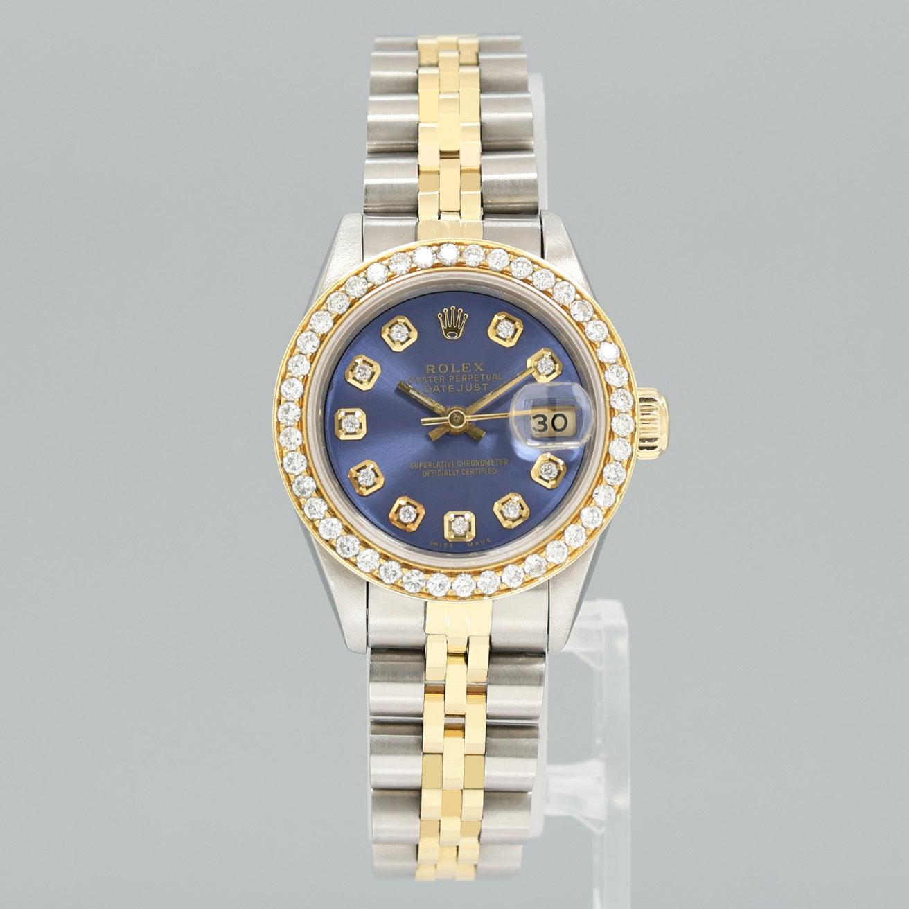 Diamond Ladies Rolex DateJust 26mm 69173 Two Tone Gold Blue Jubilee Watch